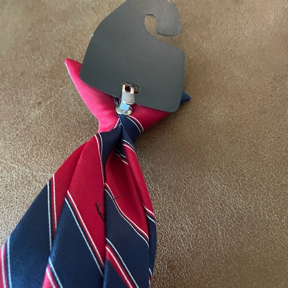 Boys clip on neck tie Red and Navy Striped size 8 to 10 formal dressy church